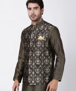 VASTRAMAY Men's Black Silk Blend Ethnic Jacket