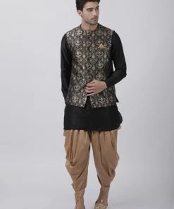 Vastramay Buy 1 Get 1 Men's Black Cotton Silk Blend Ethnic Jacket, Kurta And Dhoti Pant Set