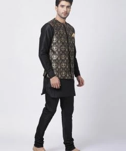 Vastramay Buy 1 Get 1 Men's Black Cotton Silk Blend Ethnic Jacket, Kurta And Pyjama Set