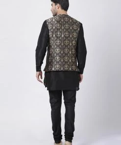 Vastramay Buy 1 Get 1 Men's Black Cotton Silk Blend Ethnic Jacket, Kurta And Pyjama Set