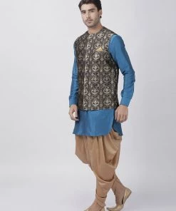 Vastramay Kurta Sets Men's Firozi Blue Cotton Silk Blend Kurta, Ethnic Jacket And Dhoti Pant Set