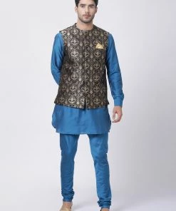 Vastramay Kurta Sets Men's Firozi Blue Cotton Silk Blend Kurta, Ethnic Jacket With Churidar Pajama Set