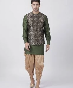 Vastramay Men's Green Cotton Silk Blend Kurta, Ethnic Jacket And Dhoti Pant Set