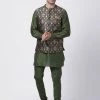 Vastramay Men's Green Cotton Silk Blend Kurta, Ethnic Jacket And Pyjama Set