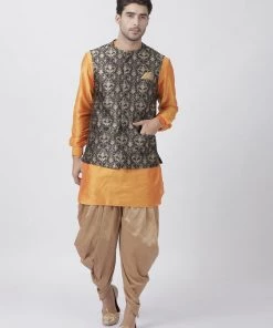 Vastramay Kurta Sets Men's Orange Cotton Silk Blend Kurta, Ethnic Jacket And Dhoti Pant Set
