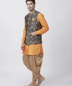 Vastramay Kurta Sets Men's Orange Cotton Silk Blend Kurta, Ethnic Jacket And Dhoti Pant Set