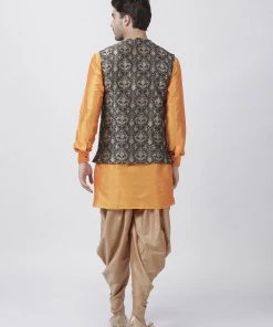 Vastramay Kurta Sets Men's Orange Cotton Silk Blend Kurta, Ethnic Jacket And Dhoti Pant Set
