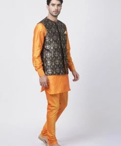Vastramay Men's Orange Cotton Silk Blend Kurta, Ethnic Jacket And Pyjama Set