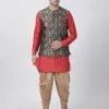 Vastramay Men's Red Cotton Silk Blend Kurta, Ethnic Jacket And Dhoti Pant Set