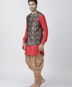 Vastramay Men's Red Cotton Silk Blend Kurta, Ethnic Jacket And Dhoti Pant Set