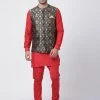 Vastramay Men's Red Cotton Silk Blend Kurta, Ethnic Jacket And Pyjama Set