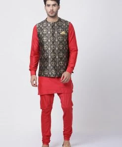 Vastramay Men's Red Cotton Silk Blend Kurta, Ethnic Jacket And Pyjama Set