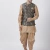 Vastramay Men's Gold Cotton Silk Blend Kurta, Ethnic Jacket And Dhoti Pant Set Kurta Sets