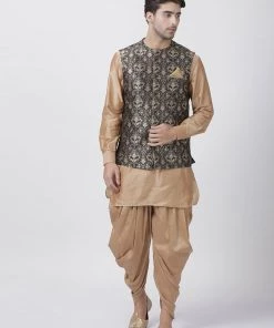 Vastramay Men's Gold Cotton Silk Blend Kurta, Ethnic Jacket And Dhoti Pant Set Kurta Sets
