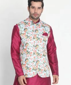 VASTRAMAY Men's Light Multi Colour Reversible Silk Blend Floral Ethnic Jacket