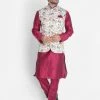 Vastramay Men's Purple Cotton Blend Kurta, Floral Printed Ethnic Jacket And Churidar Set