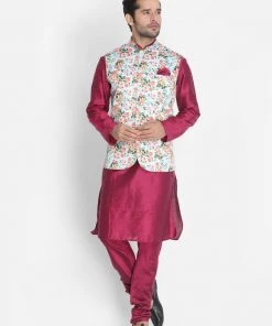 Vastramay Men's Purple Cotton Blend Kurta, Floral Printed Ethnic Jacket And Churidar Set