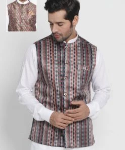 VASTRAMAY Men's Grey Silk Blend Nehru Jacket