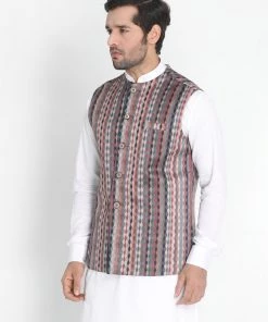 VASTRAMAY Men's Grey Silk Blend Nehru Jacket