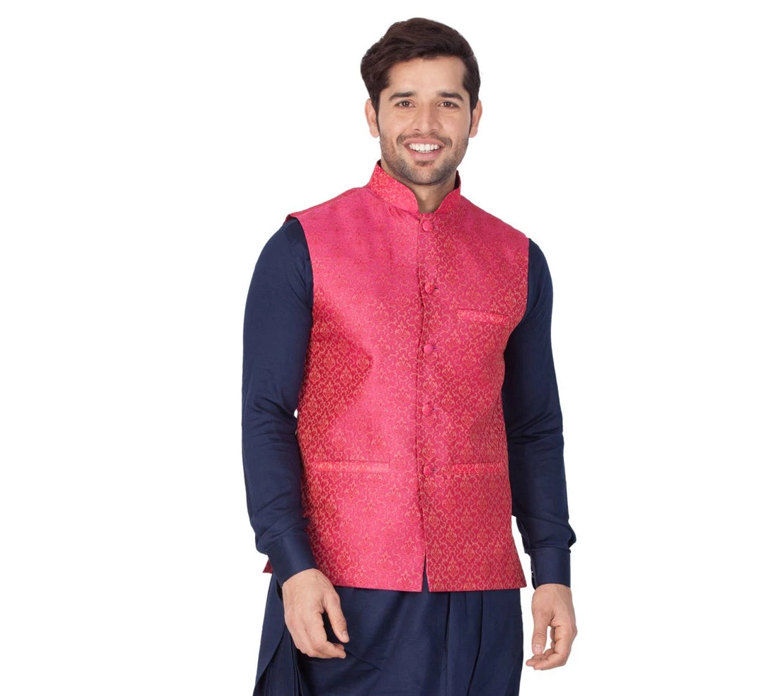 VASTRAMAY Men's Pink Silk Blend Ethnic Jacket 3 VASTRAMAY Men's Pink Silk Blend Ethnic Jacket