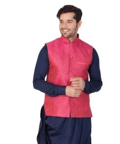 VASTRAMAY Men's Pink Silk Blend Ethnic Jacket 10 VASTRAMAY Men's Pink Silk Blend Ethnic Jacket