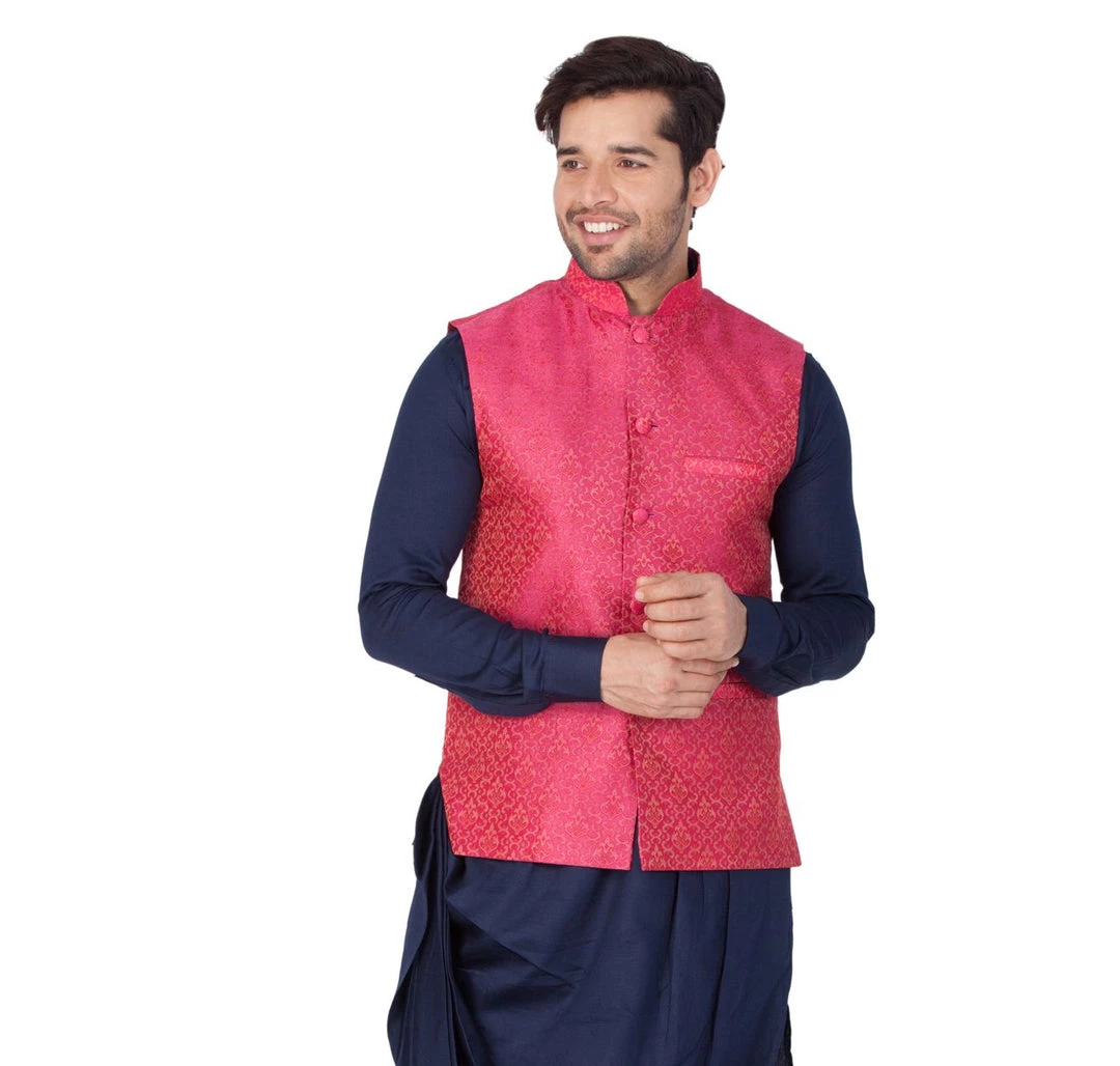 VASTRAMAY Men's Pink Silk Blend Ethnic Jacket 6 VASTRAMAY Men's Pink Silk Blend Ethnic Jacket
