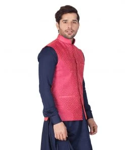 VASTRAMAY Men's Pink Silk Blend Ethnic Jacket