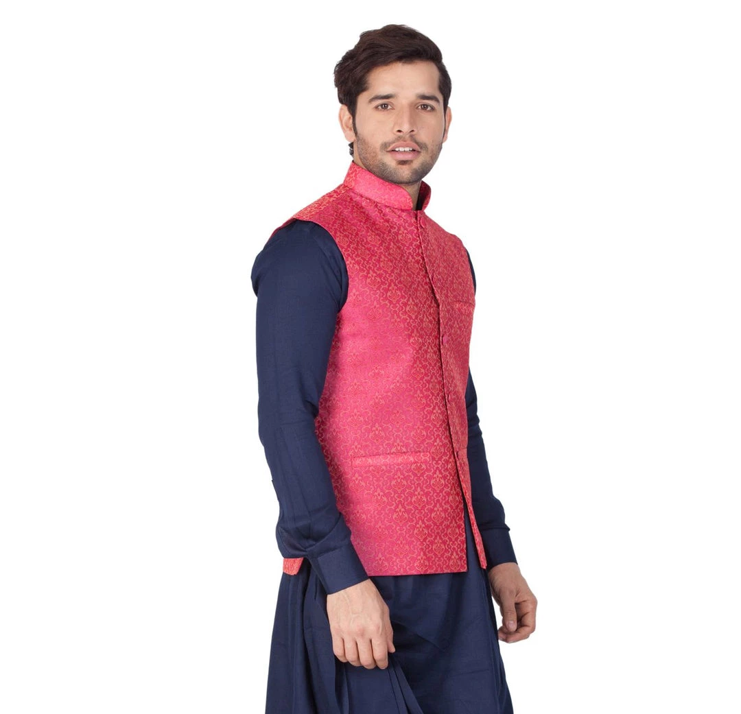 VASTRAMAY Men's Pink Silk Blend Ethnic Jacket 4 VASTRAMAY Men's Pink Silk Blend Ethnic Jacket