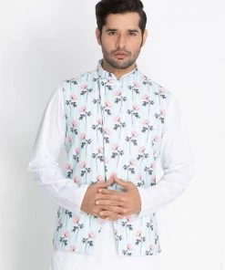 VASTRAMAY Men's Light Blue Cotton Blend Floral Ethnic Jacket Buy 1 Get 1