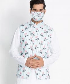 VASTRAMAY Men's Light Blue Cotton Blend Floral Ethnic Jacket Buy 1 Get 1