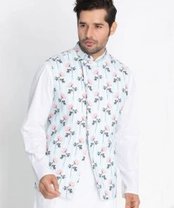 VASTRAMAY Men's Light Blue Cotton Blend Floral Ethnic Jacket Buy 1 Get 1