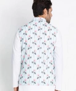 VASTRAMAY Men's Light Blue Cotton Blend Floral Ethnic Jacket Buy 1 Get 1