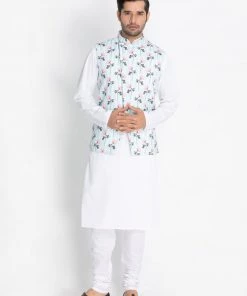 VASTRAMAY Men's Light Blue Cotton Blend Floral Ethnic Jacket Buy 1 Get 1