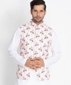 VASTRAMAY Men's Pink Cotton Blend Floral Ethnic Jacket Buy 1 Get 1