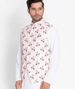 VASTRAMAY Men's Pink Cotton Blend Floral Ethnic Jacket Buy 1 Get 1