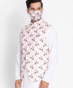 VASTRAMAY Men's Pink Cotton Blend Floral Ethnic Jacket Buy 1 Get 1