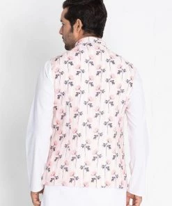 VASTRAMAY Men's Pink Cotton Blend Floral Ethnic Jacket Buy 1 Get 1