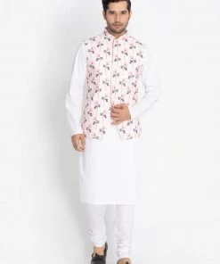 VASTRAMAY Men's Pink Cotton Blend Floral Ethnic Jacket Buy 1 Get 1