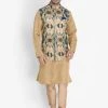 Vastramay Men's Beige Cotton Blend Kurta, Ethnic Jacket And Pyjama Set