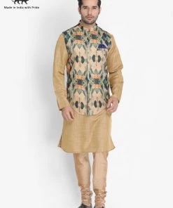Vastramay Men's Beige Cotton Blend Kurta, Ethnic Jacket And Pyjama Set