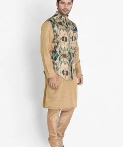 Vastramay Men's Beige Cotton Blend Kurta, Ethnic Jacket And Pyjama Set
