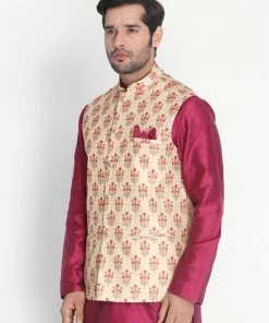 VASTRAMAY Men's Gold Silk Blend Ethnic Jacket Buy 1 Get 1