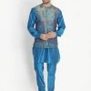 Vastramay Men's Dark Blue Cotton Blend Kurta, Ethnic Jacket And Pyjama Set
