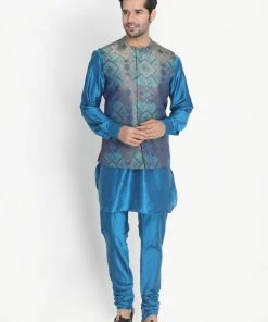 Vastramay Men's Dark Blue Cotton Blend Kurta, Ethnic Jacket And Pyjama Set