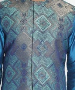 Vastramay Men's Dark Blue Cotton Blend Kurta, Ethnic Jacket And Pyjama Set