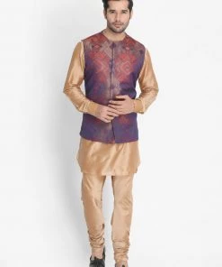 Vastramay Men's Gold Cotton Blend Kurta, Ethnic Jacket And Pyjama Set