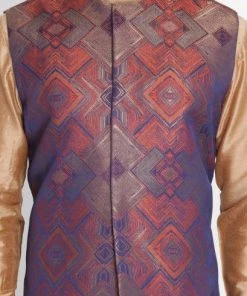 Vastramay Men's Gold Cotton Blend Kurta, Ethnic Jacket And Pyjama Set