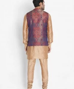 Vastramay Men's Gold Cotton Blend Kurta, Ethnic Jacket And Pyjama Set