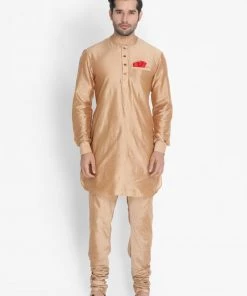 Vastramay Men's Gold Cotton Blend Kurta, Ethnic Jacket And Pyjama Set