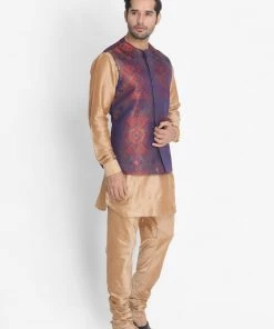 Vastramay Men's Gold Cotton Blend Kurta, Ethnic Jacket And Pyjama Set